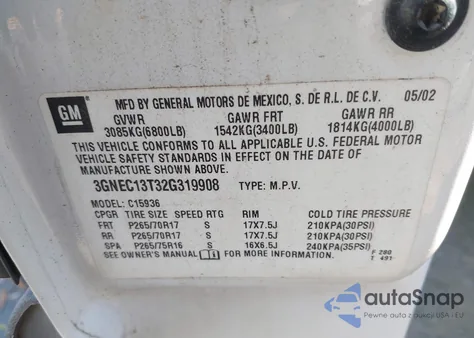 2002 Chevrolet Avalanche 1500 from USA, damaged, VIN 3GNEC13T32G319908